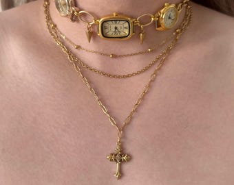 Roman Numeral Triple Watch Choker with Spike Charms, Gold Tone Cross Pendant and Layered Chains, Working Watch Set
