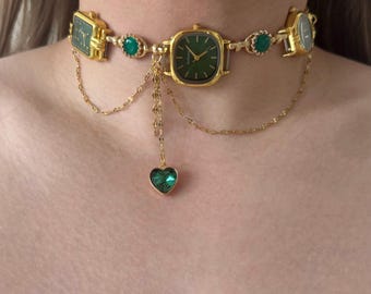 Green Watch Choker Necklace with Emerald Heart Pendant, Gold Layered Chain Choker, 3 Working Mini Watches, Statement Jewelry Gift for Her