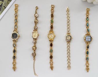 Personalized Gemstone Bracelet Watch, Tiger Eye & Green Jade Band, Gold Roman Dial Watch, Vintage Jewelry Gift for Mom