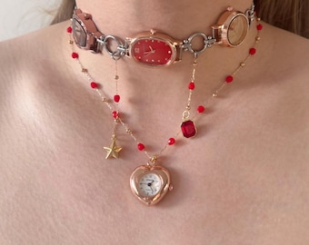 Red Watch Choker with Heart Watch Pendant, Gold Star and Red Crystal Charms,4 Working Mini Watches, Layered Statement Necklace, Gift for Her