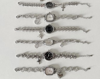 Silver Charm Bracelet Watch, Stainless Steel Chain Watch with Lock Heart Star Charm, Vintage Wristwatch for Women, Gift for Her