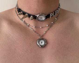 Custom Letter Watch Choker, Personalized Name Necklace with Watch, Spike Layered Choker, Y2K Gothic Heart Watch Pendant, Gift for Her