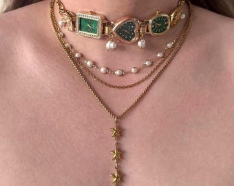 Green Triple Watch Choker, Working Quartz Watch Necklace, Pearl and Star Layered Necklace, Gold Tone Jewelry