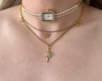 Pearl Watch Choker and Gold Star Necklace Set, Working Rectangular Watch with Crystal Border, Vintage Inspired Jewelry