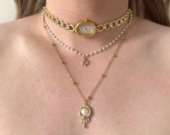 Gold Watch Choker, Working Quartz Watch Necklace, Pearl and Star Charm Layered Necklace, Gold Tone Jewelry