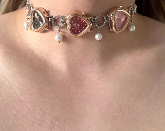Heart Watch Necklace with Three Working Dials, Red Pink and Black Choker, Rose Gold Tone Hearts and Pearl Charms