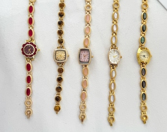 Personalized Gemstone Bracelet Watch, Custom Gold Vintage Watch for Women, Red Tiger Eye Pink Stone Band, Dainty Gift for Her