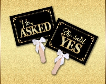 He Asked, She Said Yes | Printed Engagment Signs, Engagement Announcement Sign, Black & Gold Engagement Photo Prop, Save the Date photo prop