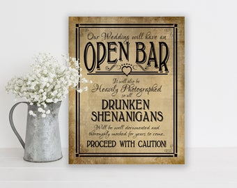 Drunken Shenanigans Open Bar Wedding Sign | PRINTED Sign, Wedding Bar Sign in Vintage Black Tie Design