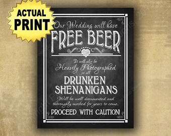 Free Beer Wedding sign, Drunken Shenanigans, wedding bar sign, printed wedding sign, wedding print, rustic wedding, chalkboard bar poster