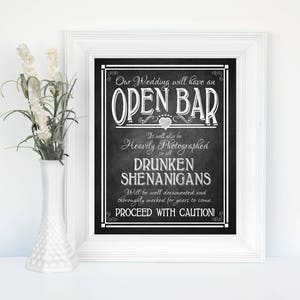 Printed Open Bar Wedding Sign | Drunken Shenanigans sign, wedding Open Bar Sign, Chalkboard wedding, rustic wedding, country wedding poster