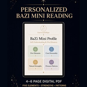 May include: A digital tablet displays a Personalized BaZi Mini Reading document with the title BaZi Mini Profile, Self-Understanding & Five Elements. Four boxes show icons for Five Elements, Core Personality, Natural Strengths, and Pressure Patterns.