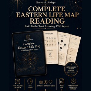 May include: A digital BaZi birth chart astrology report titled Complete Eastern Life Map. The dark blue graphic features gold celestial accents, text, and icons representing four pillars analysis, life timing, career, wealth, and love.