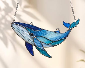 Blue Whale Acrylic Suncatcher, Ocean Window Hanging Decor, Nautical Marine Animal Gift, Coastal Home Ornament BP-427