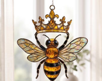 Queen Bee Crown Acrylic Suncatcher, Stained Glass Style Bee Window Hanging, Bumblebee Lover Gift, Garden Home Decor, BP-433