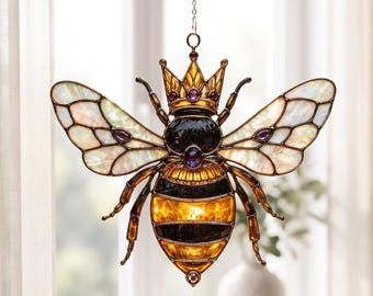 Queen Bee Acrylic Suncatcher, Stained Glass Bee Window Hanging, Crowned Bumblebee Decor, Bee Lover Gift, Garden Ornament, BP-432
