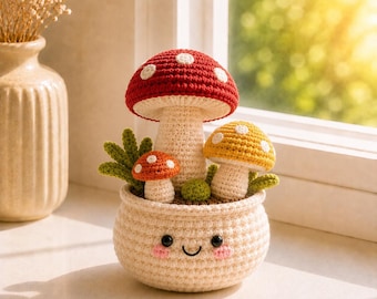 Crochet Flower Pot Set with Cactus Daisy Lavender Mushroom Sunflower Tulip Designs Handmade Amigurumi Desk Decor Crochet for Home Decor