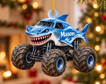 Personalized Monster Truck Ornament, Custom Name Shark Truck Christmas Gift for Boy, Kids Vehicle Keepsake, Monster Truck Lover Gift ZHA117