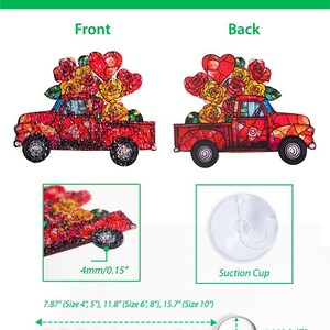 May include: Custom shape water ripple acrylic suncatcher featuring a red truck carrying red and yellow roses and a heart. Includes a clear suction cup, a metal chain, and dimensions of 4mm thickness, 7.87 to 15.7 inches in length, and 0.31 to 0.47 inches in ring diameter.