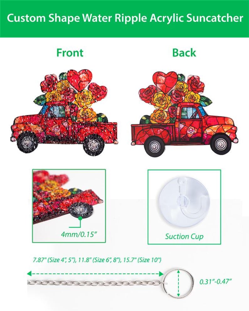May include: Custom shape water ripple acrylic suncatcher featuring a red truck carrying red and yellow roses and a heart. Includes a clear suction cup, a metal chain, and dimensions of 4mm thickness, 7.87 to 15.7 inches in length, and 0.31 to 0.47 inches in ring diameter.