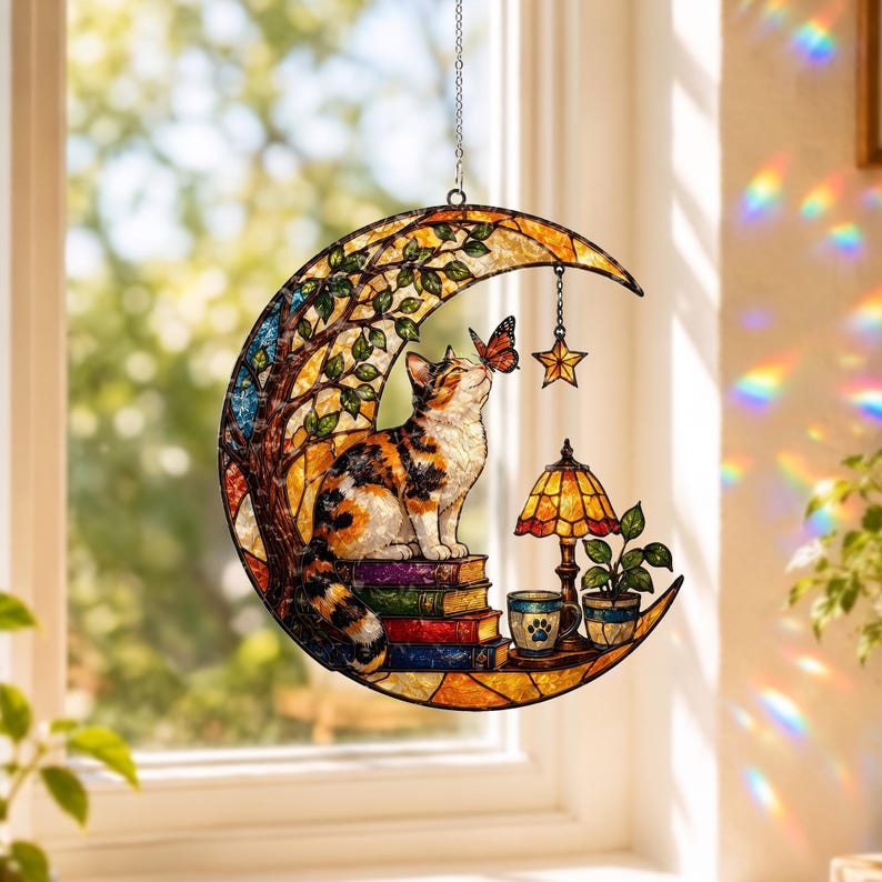 May include: A stained glass suncatcher shaped like a crescent moon featuring a calico cat sitting on a stack of books, a butterfly, a small lamp, a mug with a paw print, and a potted plant, all suspended by a silver chain in a window.