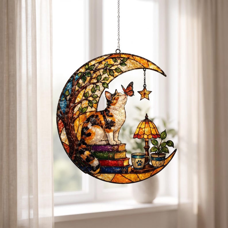 May include: A crescent moon-shaped stained glass suncatcher featuring a calico cat sitting on a stack of books, interacting with a butterfly. The design includes a tree, a small lamp, a mug with a paw print, a potted plant, and a hanging star charm.