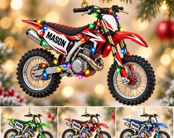 Personalized Dirt Bike Ornament, Custom Name Motocross Christmas Gift, Motorcycle Rider Ornament, Kids Dirt Bike Keepsake BP-991