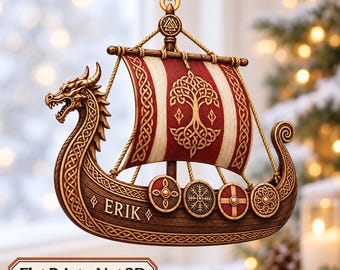 Personalized Viking Ship Ornament, Custom Name Norse Christmas Gift, Dragon Longship Ornament, Viking Lover Keepsake ZHA116