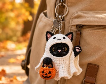 Crochet Ghost Cat Keychain, Black Cat Halloween Amigurumi Bag Charm, Handmade Pumpkin Trick or Treat Accessory, Cute Spooky Halloween Gift