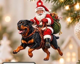 Personalized Santa Riding Rottweiler Dog Ornament, Custom Name Christmas Gift for Dog Lover, Santa Rottweiler Pet Keepsake BP-889