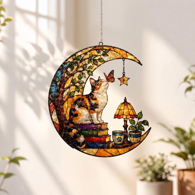 May include: A crescent moon-shaped stained glass suncatcher featuring a calico cat sitting on a stack of books, interacting with a butterfly. The design includes a small lamp, a mug with a paw print, a potted plant, and a hanging star charm.