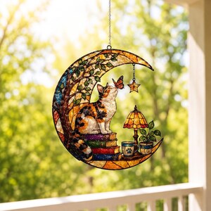 May include: A crescent moon-shaped stained glass suncatcher featuring a calico cat sitting on a stack of books. The design includes a tree, a butterfly, a small lamp, a mug with a paw print, and a potted plant, all suspended by a metal chain.