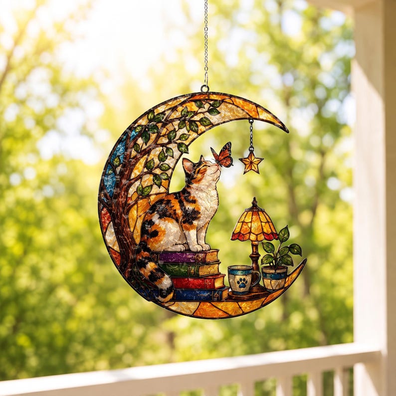 May include: A crescent moon-shaped stained glass suncatcher featuring a calico cat sitting on a stack of books. The design includes a tree, a butterfly, a small lamp, a mug with a paw print, and a potted plant, all suspended by a metal chain.