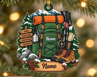 Personalized Hiking Christmas Ornament, Custom Name Hiker Ornament, Backpacking Gift, Mountain Lover Outdoor Holiday Keepsake NH-214
