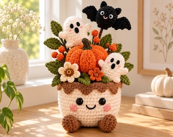 Crochet Halloween Flower Pot, Ghost Bat Pumpkin Bouquet, Spooky Cute Fall Desk Decor, Handmade Halloween Gift