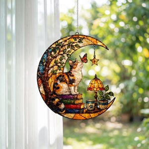 May include: A crescent moon-shaped stained glass suncatcher featuring a calico cat sitting on a stack of books. The design includes a tree, a butterfly, a small lamp, a mug with a paw print, and a potted plant, all suspended by a metal chain.