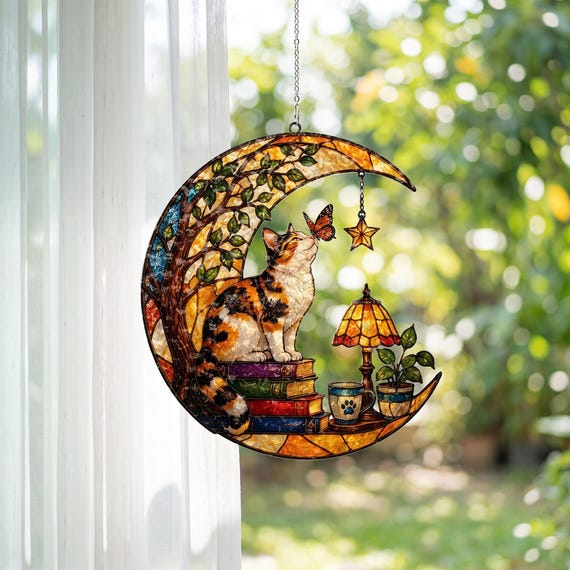 Calico Cat Crescent Moon  Acryic  Suncatcher, Book Lover Window Hanging, Butterfly Cat Lover Gift, Cozy Reading Decor BP-378