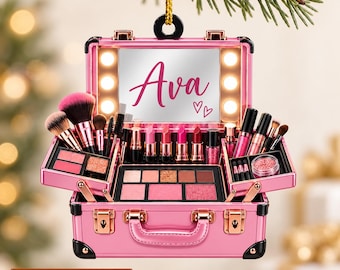 Personalized Makeup Artist Ornament, Custom Name Christmas Gift for Beauty Lover, Pink Makeup Case Ornament, Cosmetic Lover Keepsake ZHA114