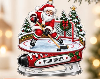 Personalized Hockey Ornament, Custom Name Christmas Gift for Hockey Player, Santa Ice Hockey Ornament, Sports Keepsake ZHA119
