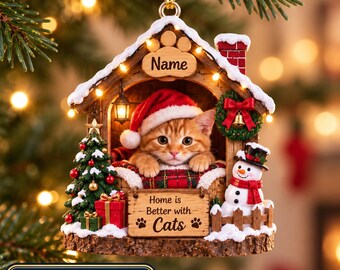 Personalized Cat Christmas Ornament, Custom Name Cat Ornament, Cat Lover Gift, Cat Mom Pet Holiday Keepsake NH-224
