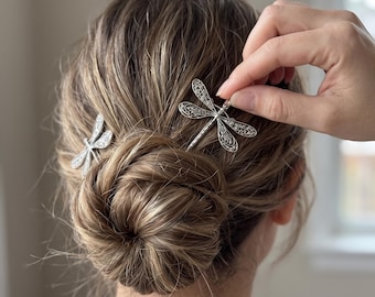 Horquilla para el cabello con forma de libélula: pasador de metal en oro o plata, con detalles ornamentales en forma de ala, 5,5 x 4 cm, 2 unidades.