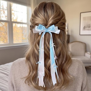 Satin Ribbon Hair Bow with Long Streamers: 46cm Length Pastel Color Barrette 1pcs