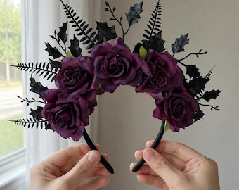 Floral Headband with Dark Purple Roses and Gothic Black Leaves