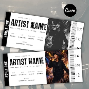 Może przedstawiać: Dwa szablony biletów na koncert z tekstem ADMIT ONE, ARTIST NAME, HARD ROCK STADIUM, MIAMI, FLORIDA, 13-MARCH-24, 08:00 PM oraz HAPPY BIRTHDAY, SWEETHEART. Jeden bilet zawiera czarno-białe zdjęcie, drugi kolorowe zdjęcie występującego artysty.