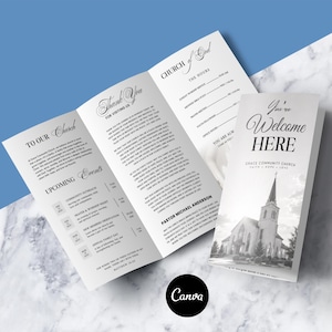 May include: A tri-fold church brochure featuring a black and white photograph of a church building on the cover with the text You're Welcome HERE, Grace Community Church, Faith, Hope, Love, and interior sections detailing service hours, events, and a message.