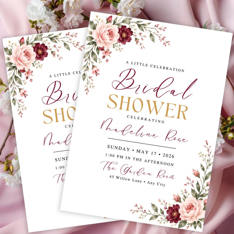 Floral Bridal Shower Invitation Template, Blush Pink Gold Bridal Shower ...