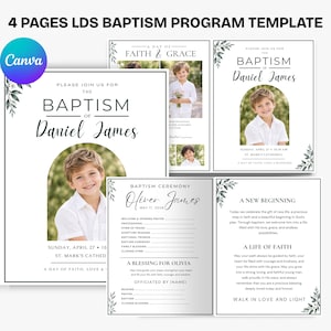 May include: A four-page LDS baptism program template featuring black text on white paper with botanical leaf accents. The design includes placeholders for photos of a child, the name Daniel James, event details, and ceremony order.