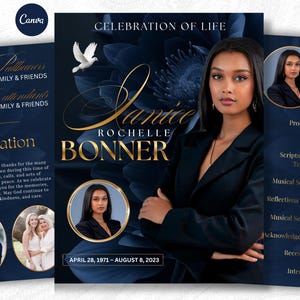 Può includere: Un modello di programma funebre con sfondo floreale blu scuro, una colomba bianca e il testo Celebration of Life, Janice Rochelle Bonner, April 28, 1971 – August 8, 2023. Include cornici circolari per foto e un elenco della cerimonia.