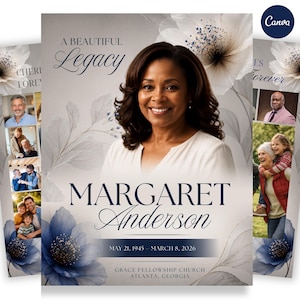 Op de afbeelding: Een uitvaartprogramma-sjabloon met het portret van een vrouw, de tekst A BEAUTIFUL LEGACY, MARGARET ANDERSON, MAY 21, 1945 - MARCH 8, 2026, en GRACE FELLOWSHIP CHURCH, ATLANTA, GEORGIA, versierd met blauwe en witte bloemillustraties.