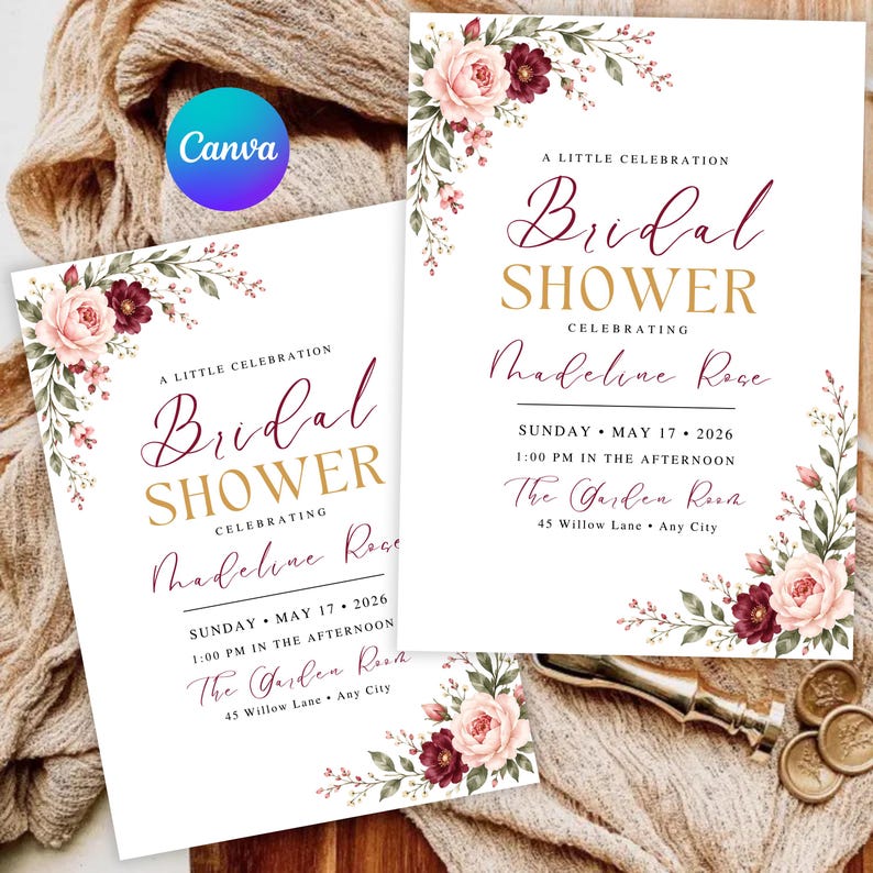 Floral Bridal Shower Invitation Template, Blush Pink Gold Bridal Shower ...